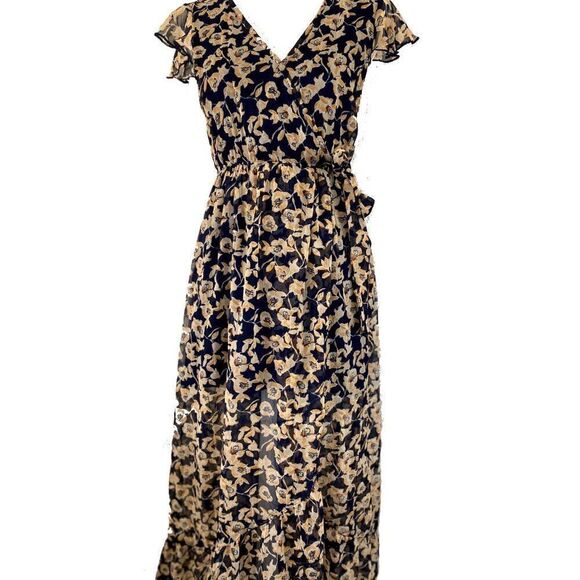 Band of Gypsies Taupe Navy Floral Wrap Boho Maxi Dress - Picture 4 of 9